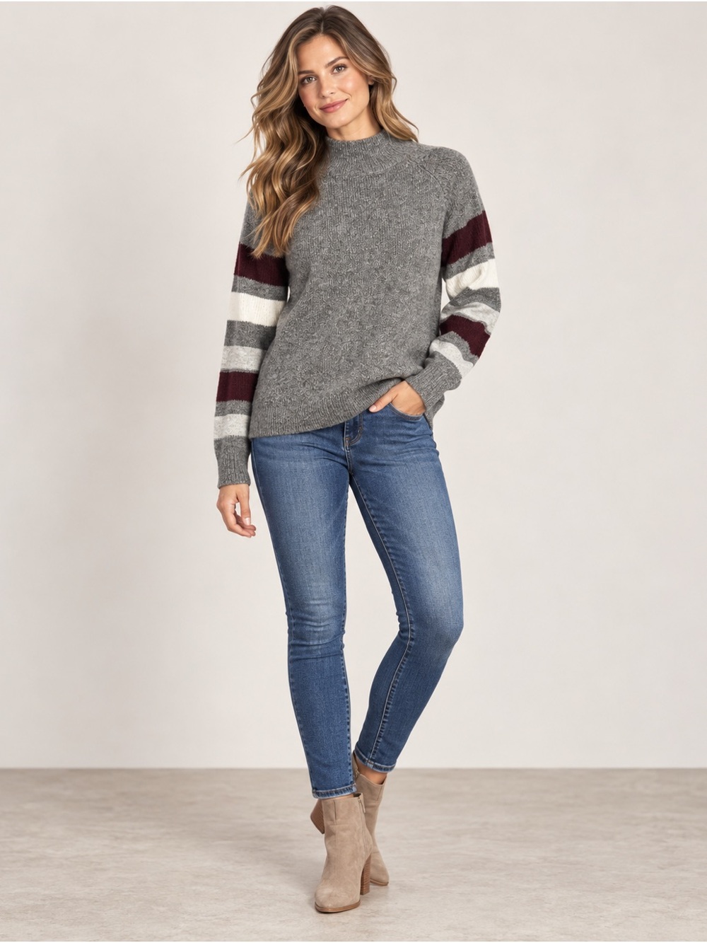Nine West Cozy Grey Stripe-Sleeve Women's Sweater